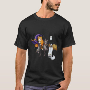 Lustige Halloween-Katzen hängen am Hexenbesen Grus T-Shirt