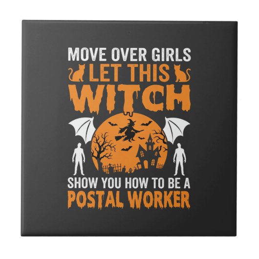 Lustige Halloween Postmitarbeiter Hexenkatze Grafi Fliese (Vorderseite)