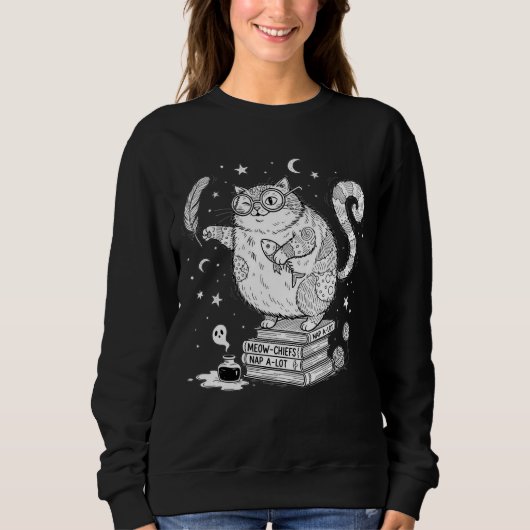 Lustige Hexenkatze auf Büchern Sweatshirt (Vorderseite)