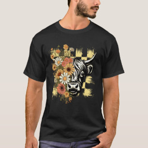 Lustige Highland-Kuh Retro-Blumen-Bauernhof-Tierli T-Shirt