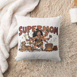 Lustige Höhlenfrau Super-Mama Multi-Tasking Retro Kissen