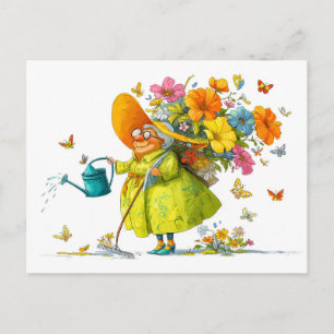 Lustige Illustration von Oma beim Blumengießen Feiertagspostkarte