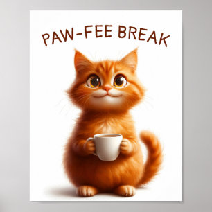 Lustige Ingwerkatze mit Kaffee - Pawfee Pause Poster