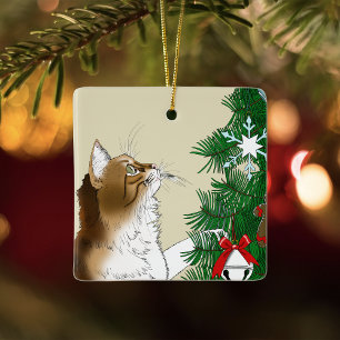 Lustige Inspektion des Weihnachtsbaums mit bunter  Keramikornament