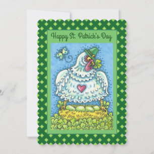 LUSTIGE IRISCHE HENNE, GRÜNE EIER UND KLEEBLÄTTER  FEIERTAGSKARTE