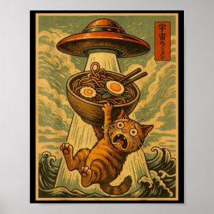 Lustige japanische Katzen-Ramen-Ufo-Anime-Männer-F Poster