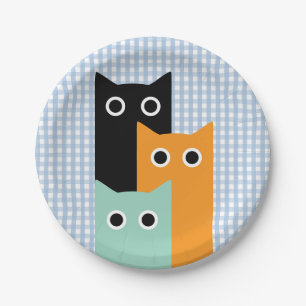 Lustige Katze, blau kariert Pappteller