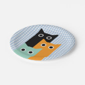 Lustige Katze, blau kariert Pappteller (Schrägansicht)
