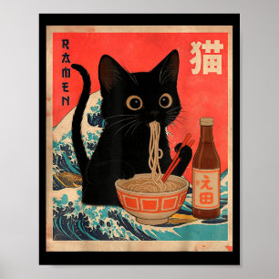 Lustige Katze, die Ramen isst, Vintage-Japanische Poster