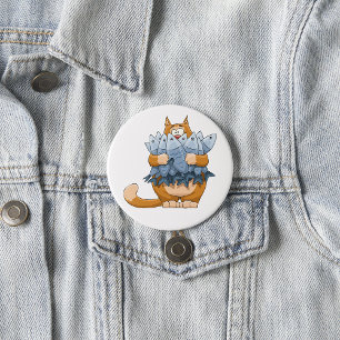 Lustige Katze hält Fisch Cartoon Hungrige Katze Button