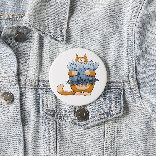 Lustige Katze hält Fisch Cartoon Hungrige Katze Button