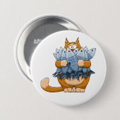 Lustige Katze hält Fisch Cartoon Hungrige Katze Button (Vorne & Hinten)