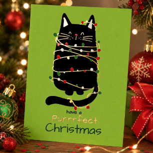 Lustige Katze in Baumlichtern Purr-fektes Chrismas Folien Feiertagskarte