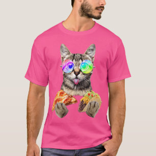 Lustige Katze isst Pizza und Tacos mit Sonnenbrill T-Shirt