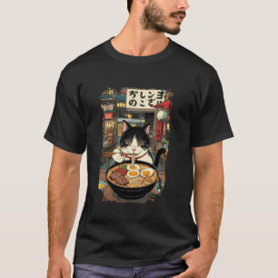 Lustige Katze isst Ramen-Nudeln Retro-Japan Nacht  T-Shirt