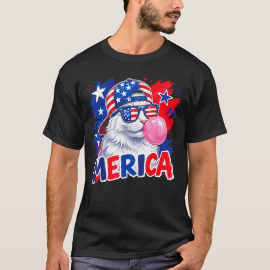 Lustige Katze Kaugummi 4. Juli Männer Frauen ameri T-Shirt (Vorderseite)