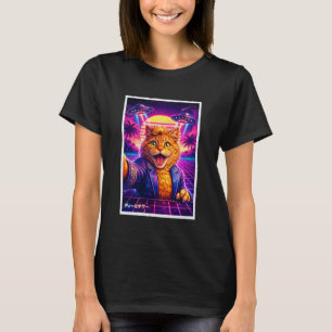 Lustige Katze Meme Retro Synthwave 80er Grafik UFO T-Shirt