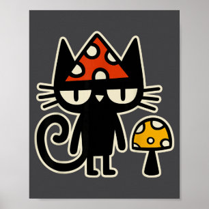 Lustige Katze mit Pilzhut Schwarze Katze mit Giftp Poster