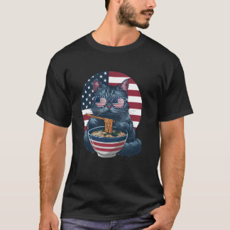 Lustige Katze mit Sonnenbrille isst Ramen USA-Flag T-Shirt