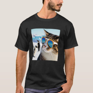 Lustige Katze mit Sonnenbrille mit Pinguinen in An T-Shirt