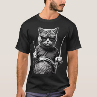 Lustige Katze mit Sonnenbrille und Schlagzeug spie T-Shirt