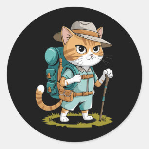 Lustige Katze mit Wanderrucksack Wandernde Katze A Runder Aufkleber