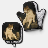 Lustige Katze mit Zigarette Gen Z Meme Ofenhandschuh & Topflappen-Set (Vorderseite/Rückseite)