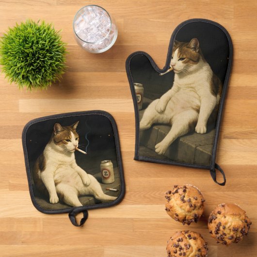 Lustige Katze mit Zigarette Gen Z Meme Ofenhandschuh & Topflappen-Set (Oben Unten)