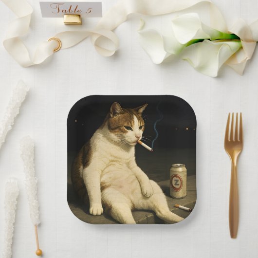 Lustige Katze mit Zigarette Gen Z Meme Pappteller (Hochzeit)