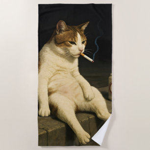 Lustige Katze mit Zigarette Gen Z Meme Strandtuch