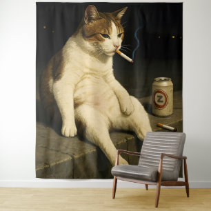 Lustige Katze mit Zigarette Gen Z Meme Wandteppich