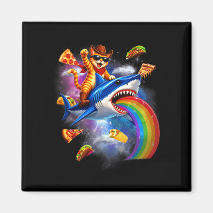 Lustige Katze reitet auf einem Hai-Regenbogen-Pizz Magnet