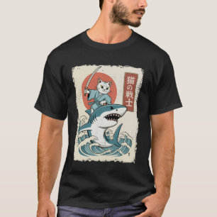 Lustige Katze reitet auf Hai japanische Ukiyo-e-Ku T-Shirt