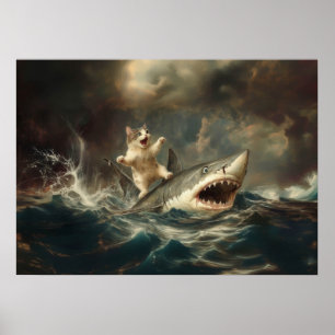 Lustige Katze reitet auf Hai Poster