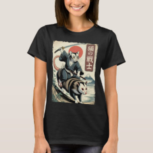 Lustige Katze reitet Opossum japanische Ukiyo-e-Ku T-Shirt