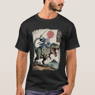 Lustige Katze Reitet T Rex Japanische Ukiyo-e Kuns T-Shirt