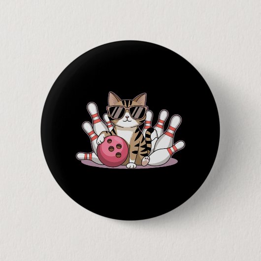 Lustige Katze spielt Bowling Coole Katze mit Sonne Button (Vorderseite)