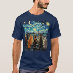 Lustige Katze Sternennacht Van Gogh Katzen Dachbod T-Shirt