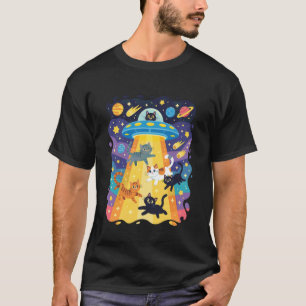 Lustige Katze UFO Süße Kitty Raum Raumschiff Alien T-Shirt