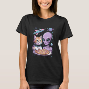 Lustige Katze und Außerirdischer teilen Pizza Welt T-Shirt