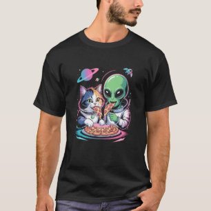 Lustige Katze und Außerirdischer teilen Pizza Welt T-Shirt