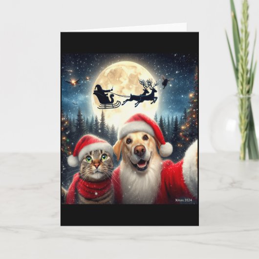Lustige Katze und Hund Selfie mit Weihnachtsmann W Karte (Vorderseite)