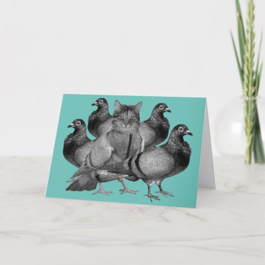 lustige Katze unter den Tauben Feiertagskarte (Vorderseite)