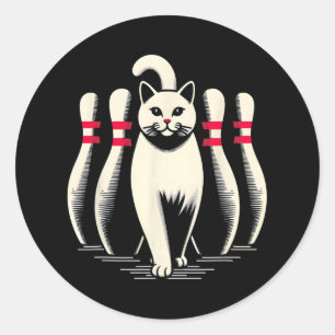 Lustige Katze Weiß Bowling Spielen Retro Vintage S Runder Aufkleber