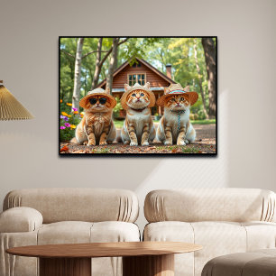 Lustige Katzen in präparierter Sommerkleidung und Poster