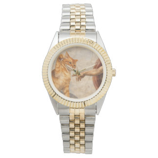 Lustige Katzen-Meme-Kunst: Schöpfung Adams mit Kat Armbanduhr