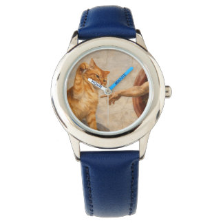 Lustige Katzen-Meme-Kunst: Schöpfung Adams mit Kat Armbanduhr