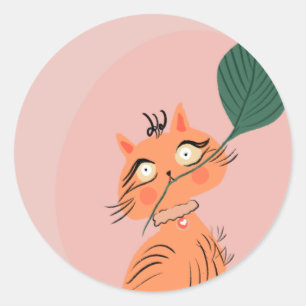 Lustige Katzen-Pflanzenblatt-Cartoon Runder Aufkleber