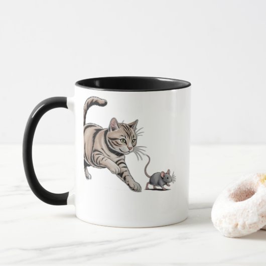 Lustige Katzenjagd-Illustration Tasse (Mit Donut)
