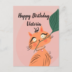 Lustige Katzenpflanzenblatt Cartoon Geburtstag Postkarte